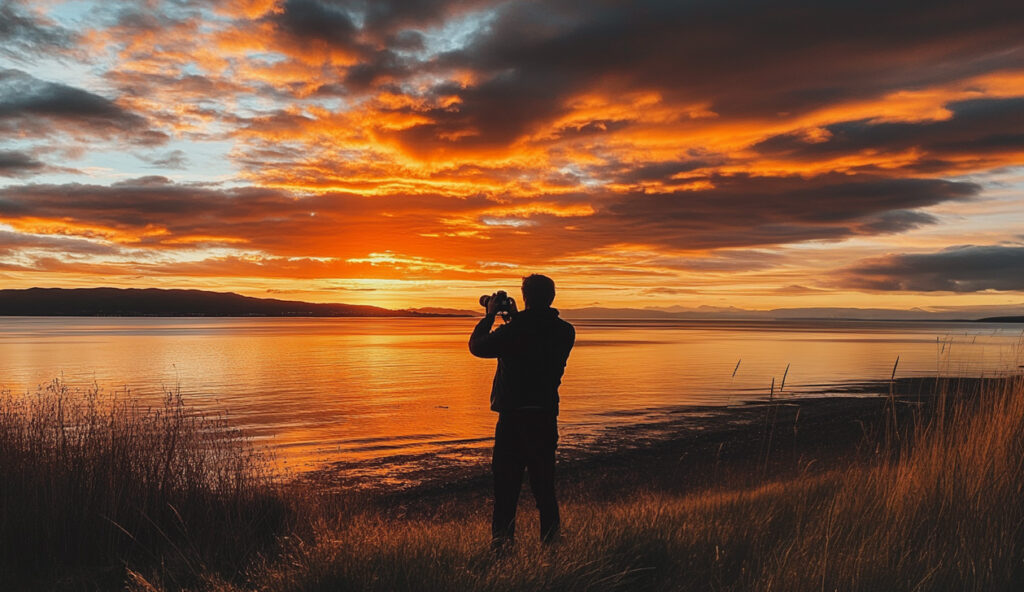 Une personne se tient au bord d'un lac et prend une photo d'un coucher de soleil orange et rouge.