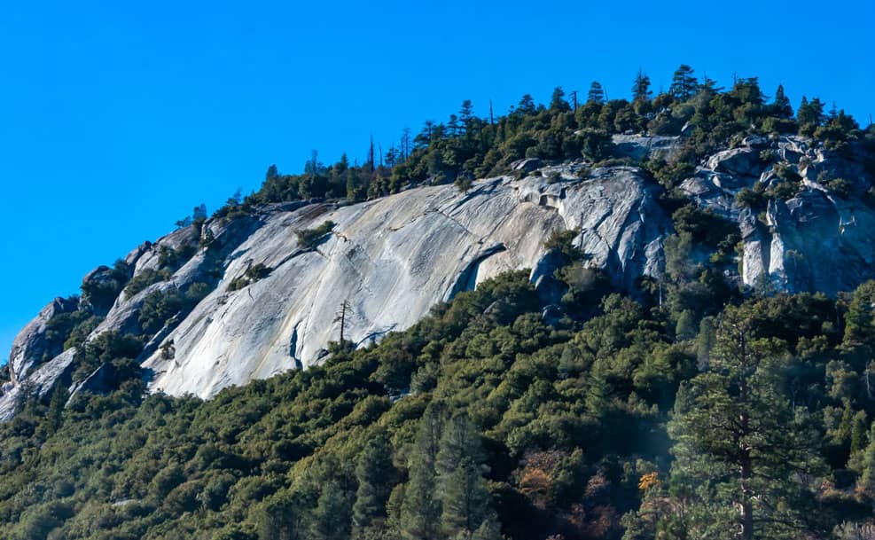 Un versant de montagne boisé avec une grande paroi rocheuse dans le parc séquoia en californie