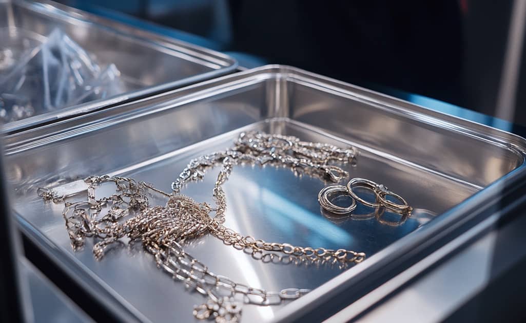 Des bijoux dans un bac, lors d'un contrôle de sécurité à l'aéroport