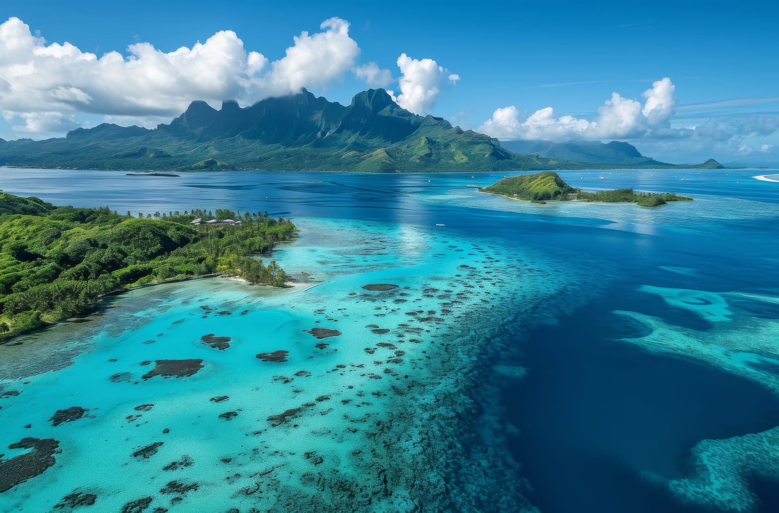 Vue aérienne d'une île tropicale avec des montagnes luxuriantes, de l'eau turquoise, des récifs coralliens et des nuages épars dans un ciel bleu.